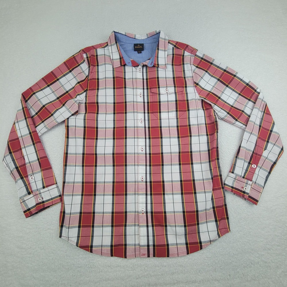Bench Shirt Mens Large Red White Plaid Long Sleeve‎ Button Up Casual Pocket Top